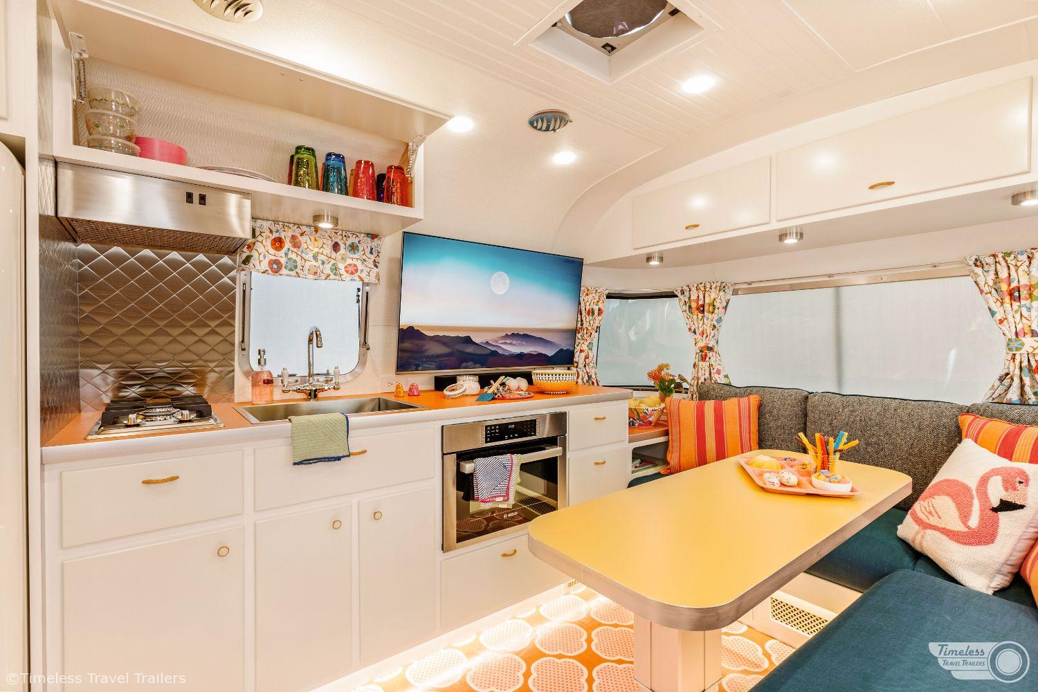 Kitchen and Lounge Detail of a customized Airstream Travel Trailer